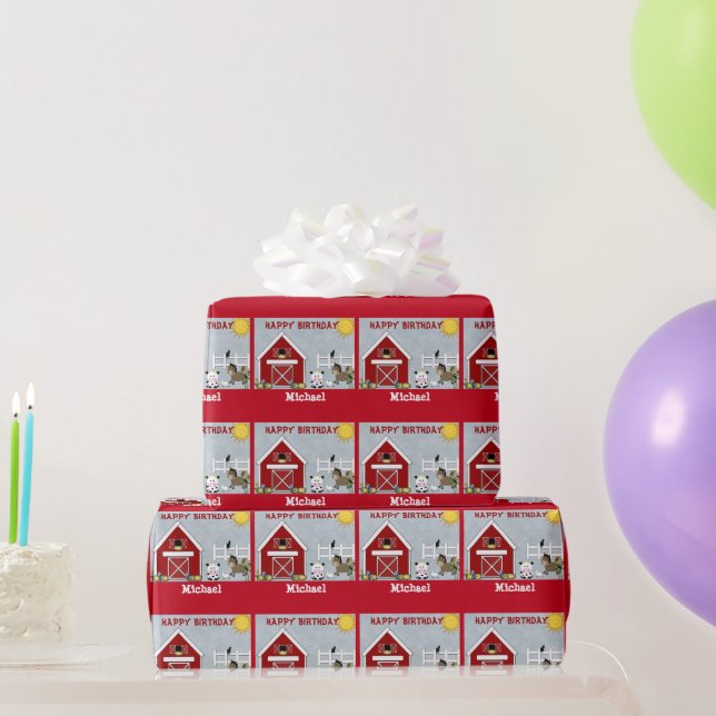 Cute Red Barn Boskap Birthday Wrapping Papper Presentpapper (Festgåvor)