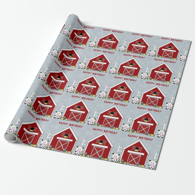 Cute Red Barn, Cow Farm, Anpassningsbar Birday Presentpapper (Utrullad)