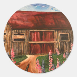 Cute Red Barn och Wildblommor Painting Runt Klistermärke