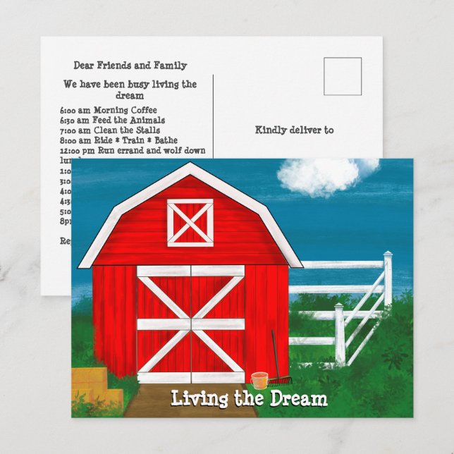 Cute Red Barn Teckning som lever i Dream Vykort (Fram/baksida)