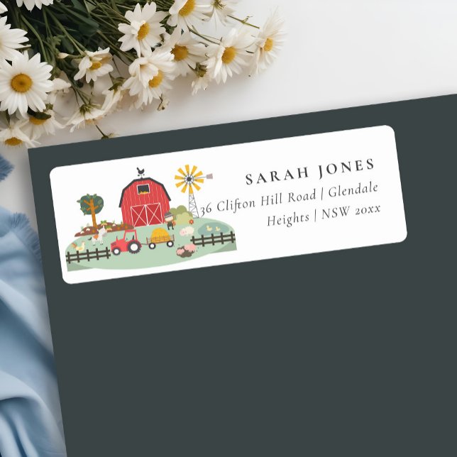 Cute Red Barnyard Farm Animal Baby Shower Adress Returadress Etikett (Skapare uppladdad)
