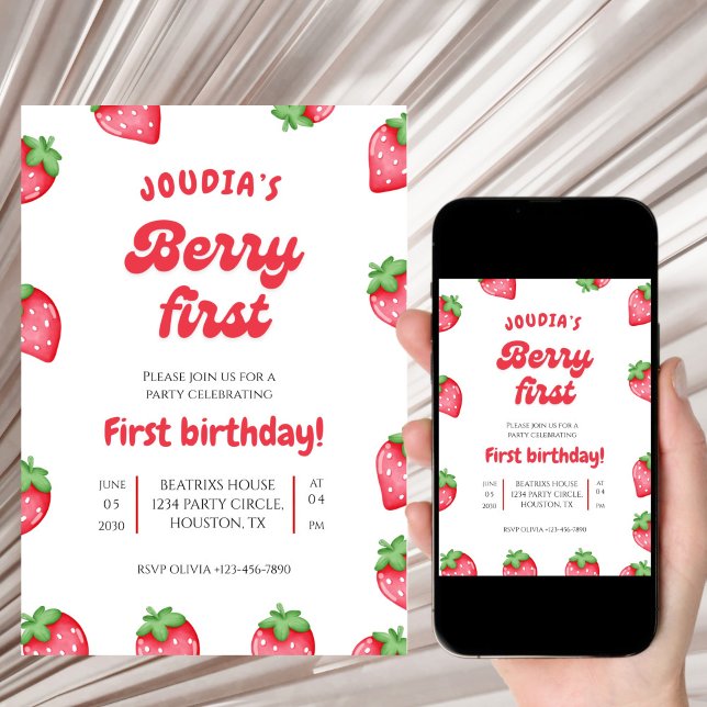 Cute Red Berry First Birthday Watercolor  Inbjudningar (Skapare uppladdad)