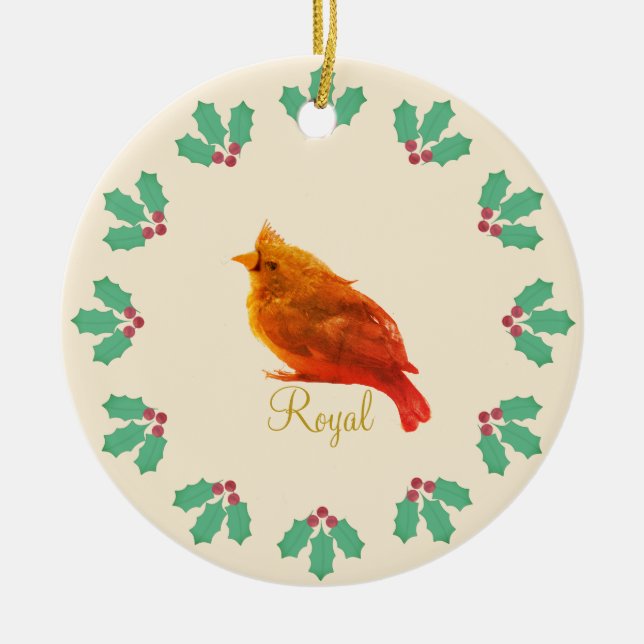 Cute Red Bird & Holly Berries Julgransprydnad Keramik (Framsidan)