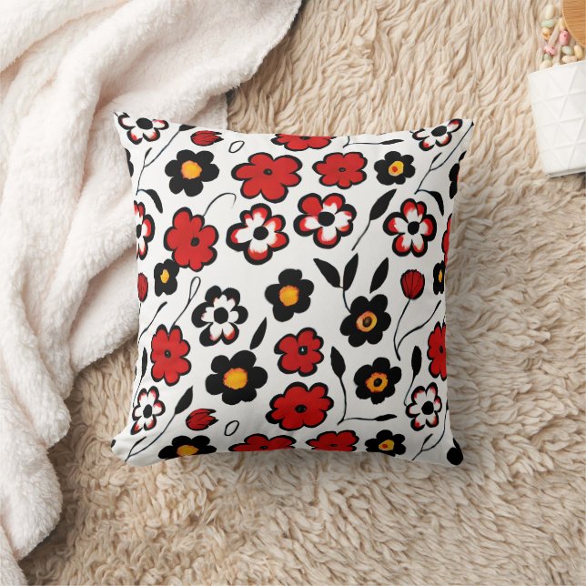 Cute Red, Black and White Flower Mönster Kudde (Filt)