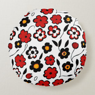 Cute Red, Black and White Flower Mönster Rund Kudde