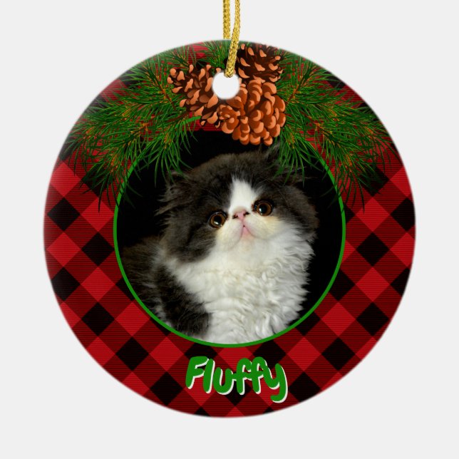 Cute Red Black plaid pinecone pet fotomall Julgransprydnad Keramik (Framsidan)