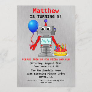 Cute Red, Blue & Grått Robot Birthday-inbjudan Inbjudningar
