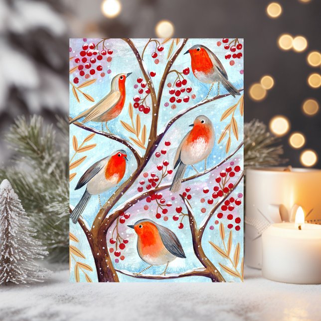 Cute red & blue Robin-fåglar i träd med bär Helgkort (Cute Bird Red Robin Blue Christmas Family Holiday Card)