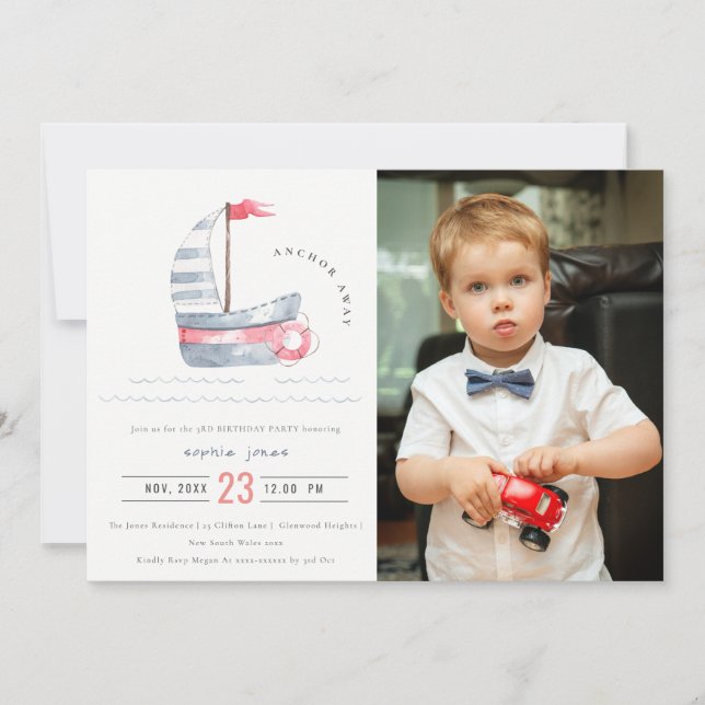 Cute Red Blue Sailboat Kids Photo Birth Inbjudningar (Framsida)