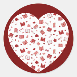 Cute Red Bok och Reading Mönster på hjärtat Runt Klistermärke