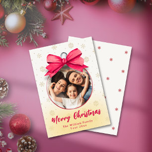 Cute Red Bow Photo Ornamet God Jul Family Namn Julkort