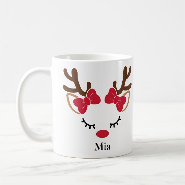 Cute Red Bows Girl Reindeer jul Mugg (Vänster)
