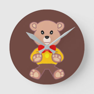 Cute Red Bowtie Beige Nalle Brown Rund Klocka