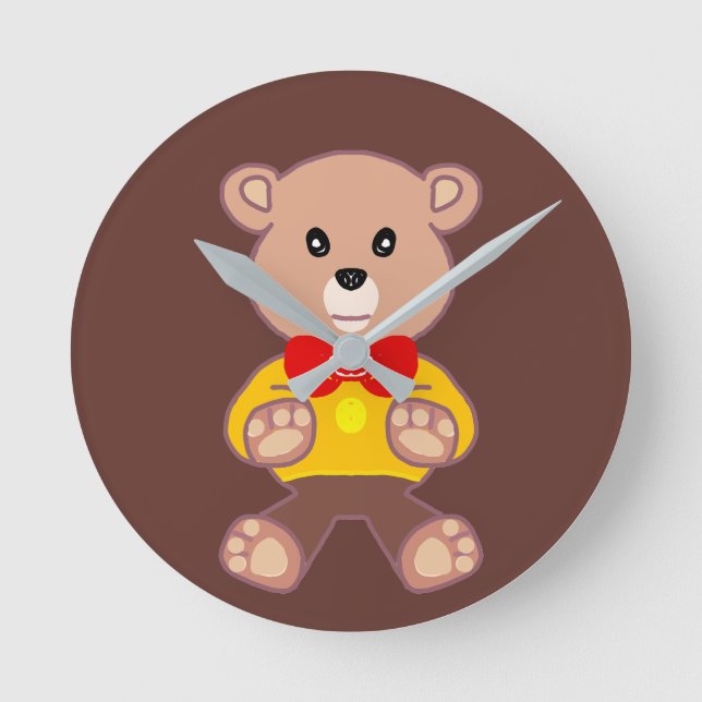Cute Red Bowtie Beige Nalle Brown Rund Klocka (Framsida)