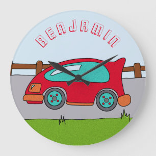 Cute Red Car Road Boy Namn Nursery Stor Klocka