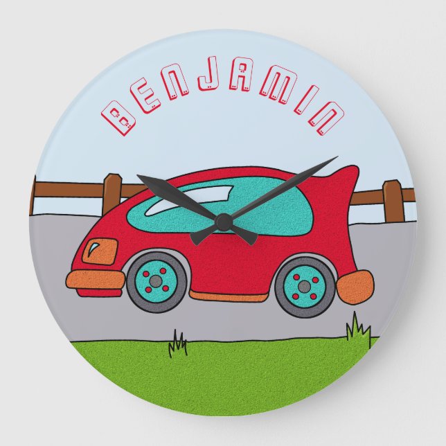 Cute Red Car Road Boy Namn Nursery Stor Klocka (Framsida)