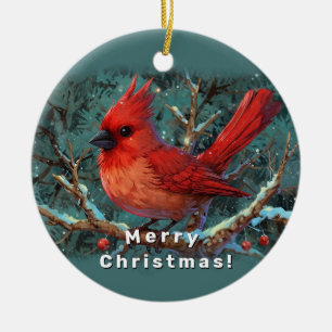 Cute Red Cardinal med Winter Red Berries Julgransprydnad Keramik