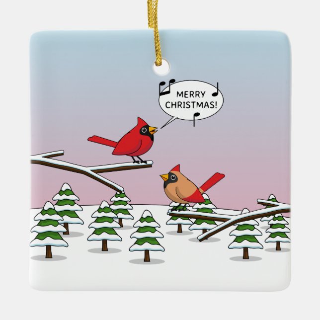 Cute Red Cardinal Singing God jul Julgransprydnad Keramik (Framsida)