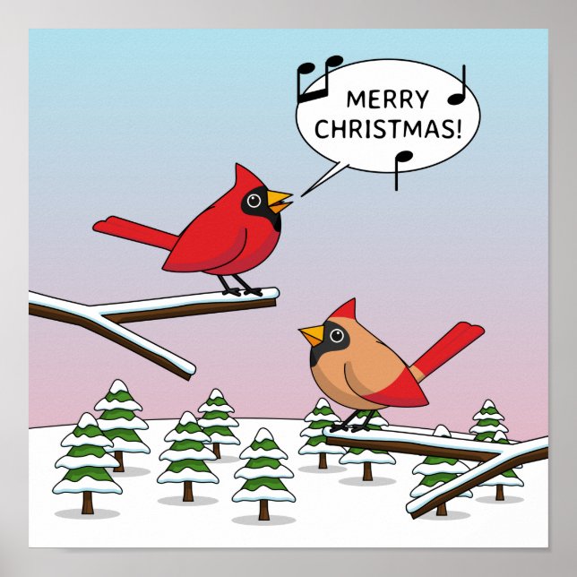 Cute Red Cardinal Singing God jul Poster (Framsidan)