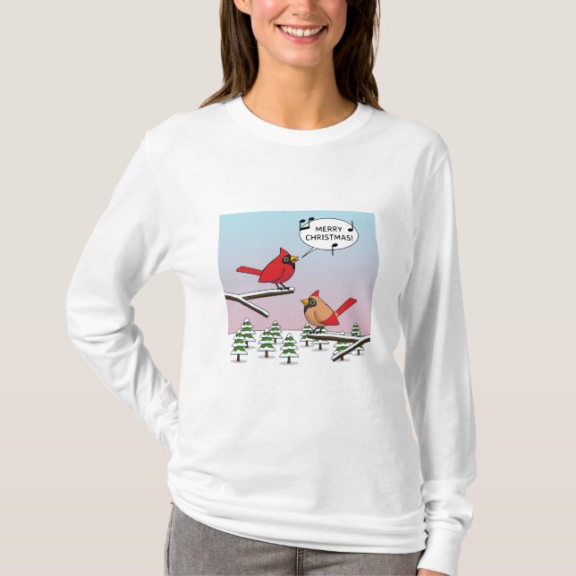Cute Red Cardinal Singing God jul T Shirt (Framsida)