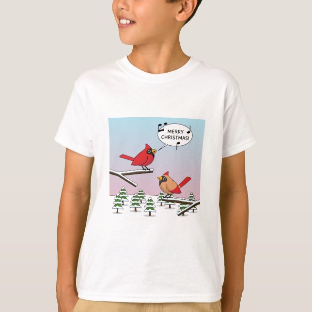 Cute Red Cardinal Singing Merry Christmas T Shirt (Framsida)