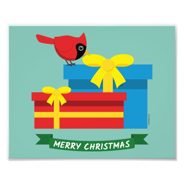 Cute Red Cardinal som öppnar ett blått gift Fototryck (Framsidan)