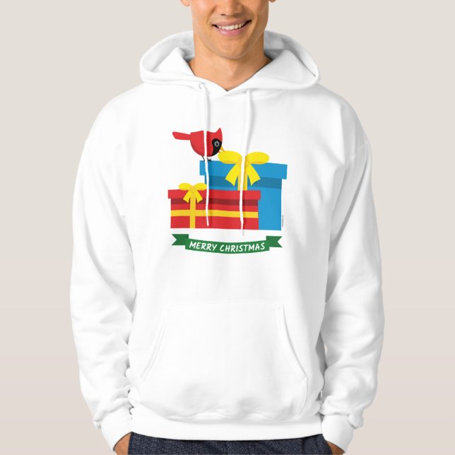 Cute Red Cardinal som öppnar ett blått gift Hoodie (Framsida)