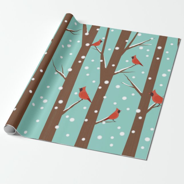 Cute Red Cardinals Perched on Winter Träd Wrappin Presentpapper (Utrullad)