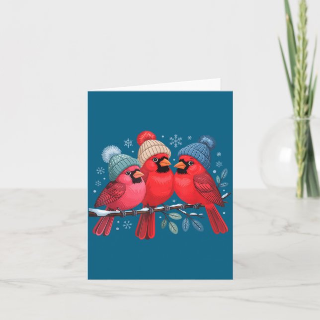 Cute Red Cardinals With Knitted Hats Winter Bird A Kort (Framsida)