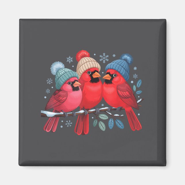 Cute Red Cardinals With Knitted Hats Winter Bird A Magnet (Framsidan)