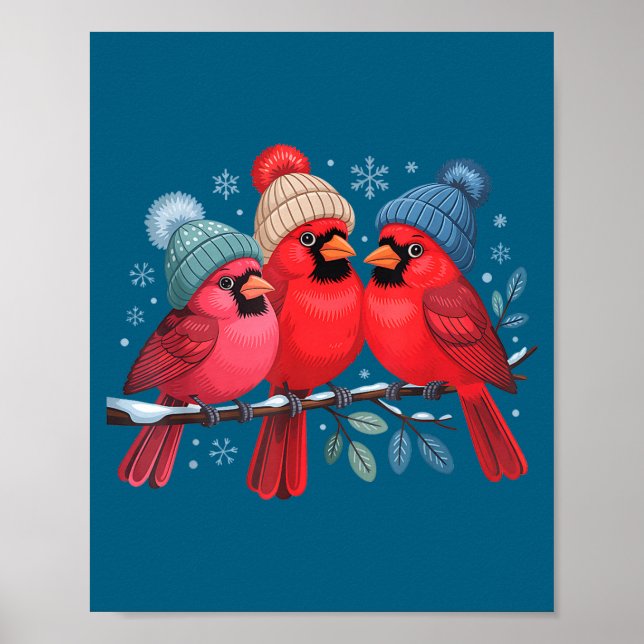 Cute Red Cardinals With Knitted Hats Winter Bird A Poster (Framsidan)