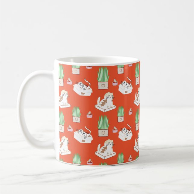 Cute Red Cat och Grass Mönster | Kattliv Kaffemugg (Vänster)