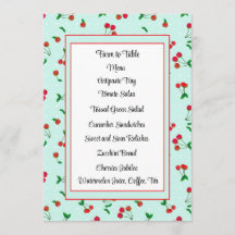 Cute Red Cherry Stems on Teal Menu Card
