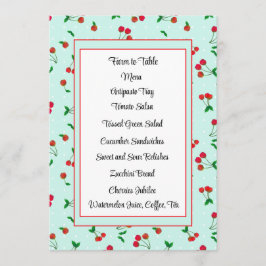 Cute Red Cherry Stems on Teal Menu Card Meny
