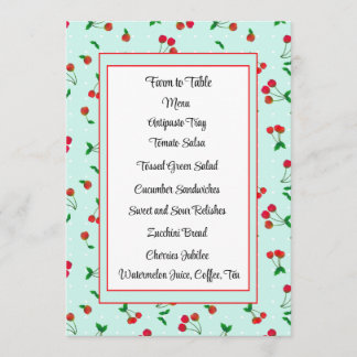 Cute Red Cherry Stems on Teal Menu Card Meny