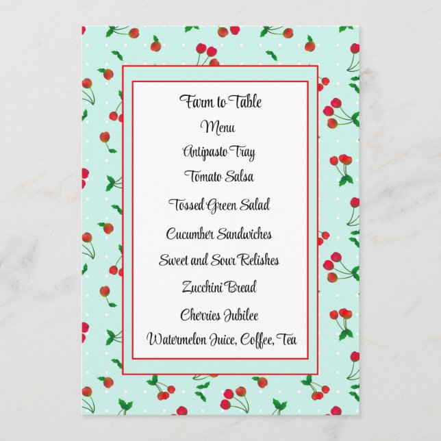Cute Red Cherry Stems on Teal Menu Card Meny (Framsida)