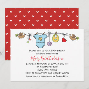 Cute Red Clothes Line Gender Neutral BABY SHOWER Inbjudningar