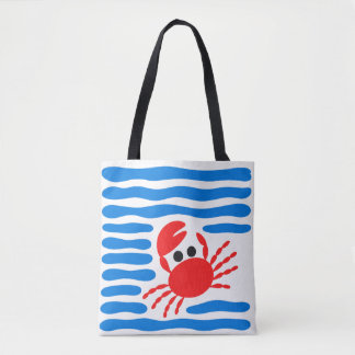 Cute Red Crab & Blue Waves Coastal Tygkasse