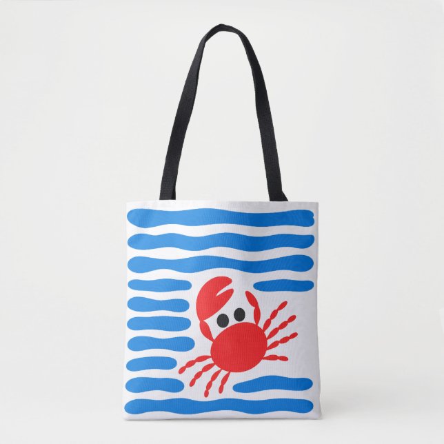 Cute Red Crab & Blue Waves Coastal Tygkasse (Framsida)
