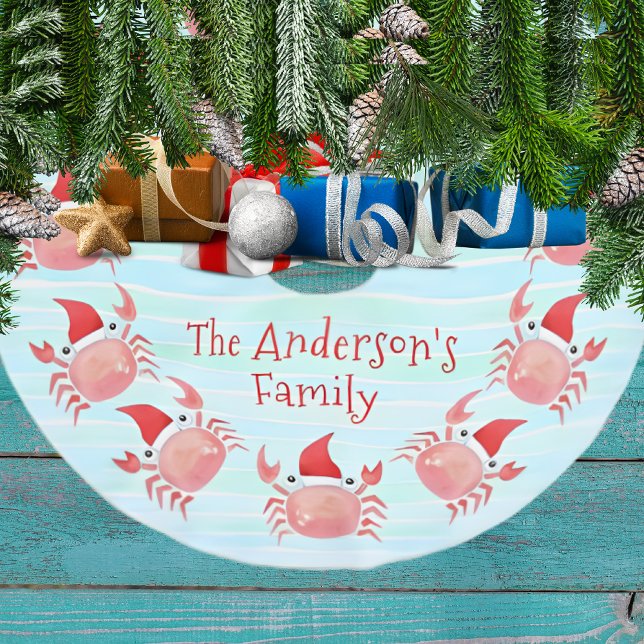 Cute Red Crab med jultomten vid kusten Julgransmatta Borstad Polyester (Skapare uppladdad)