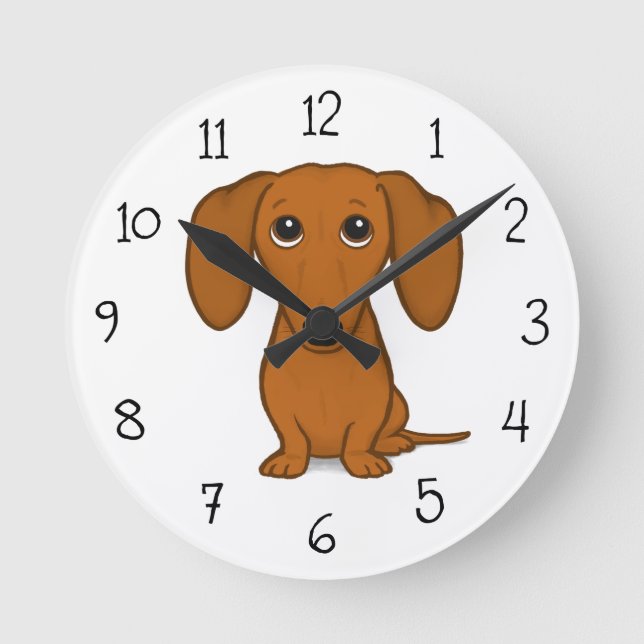 Cute Red Dachshund | Lustigt Wiener Tecknad Hund Rund Klocka (Framsida)