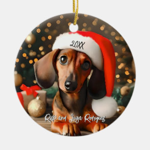 Cute Red Dachshund Puppy med Santa Hat Julgransprydnad Keramik
