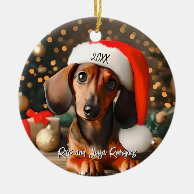 Cute Red Dachshund Puppy med Santa Hat Julgransprydnad Keramik (Framsidan)