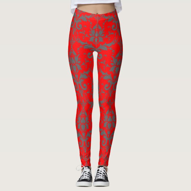 Cute Red Damask Pattern Kvinnors urtavlor Leggings (Framsida)