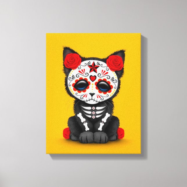Cute Red Day of the dead Kitten Cat, gult Canvastryck (Framsida)