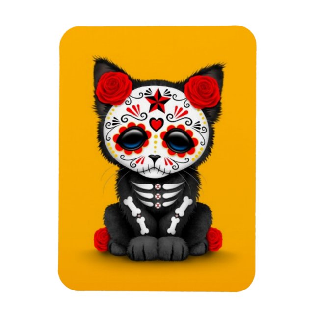 Cute Red Day of the dead Kitten Cat, gult Magnet (Vertikal)
