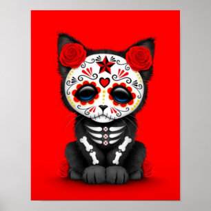 Cute Red Day of the dead Kitten Cat, rött Poster
