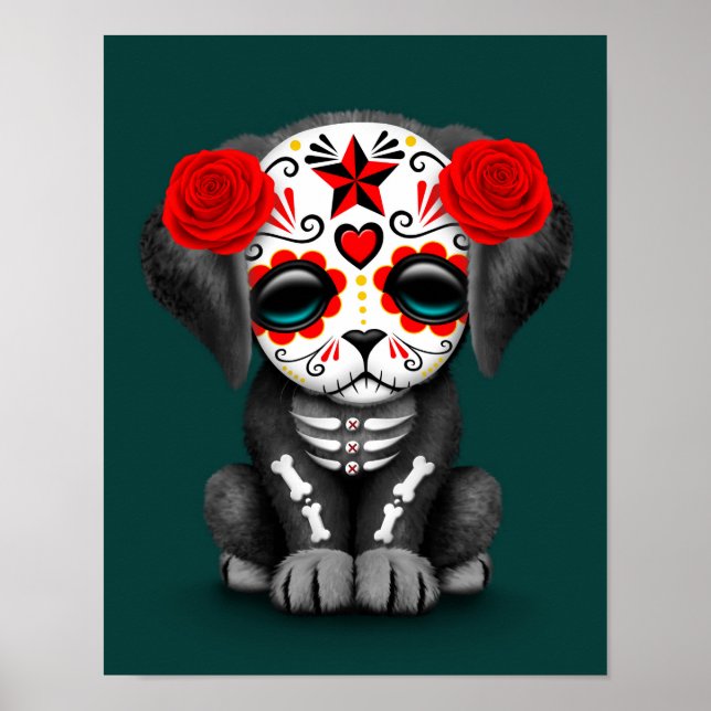 Cute Red Day of the dead Puppy Hund Teal Poster (Framsidan)
