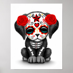 Cute Red Day of the dead Puppy Hund White Poster