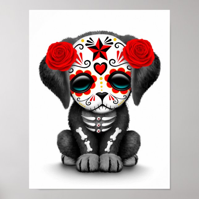 Cute Red Day of the dead Puppy Hund White Poster (Framsidan)